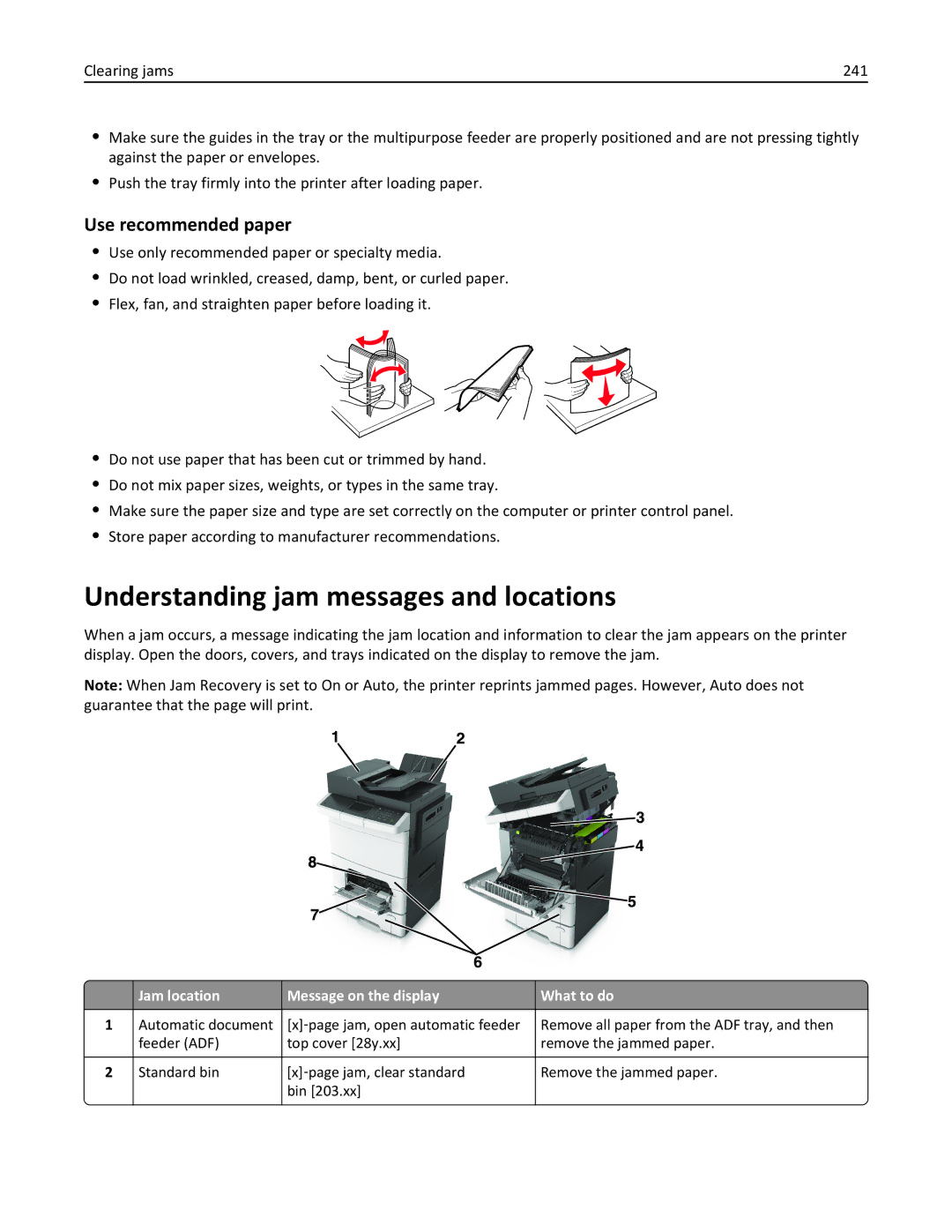 Lexmark 28D0550, 415, 28D0500, CX410, 22ZT157 manual Understanding jam messages and locations, Use recommended paper 