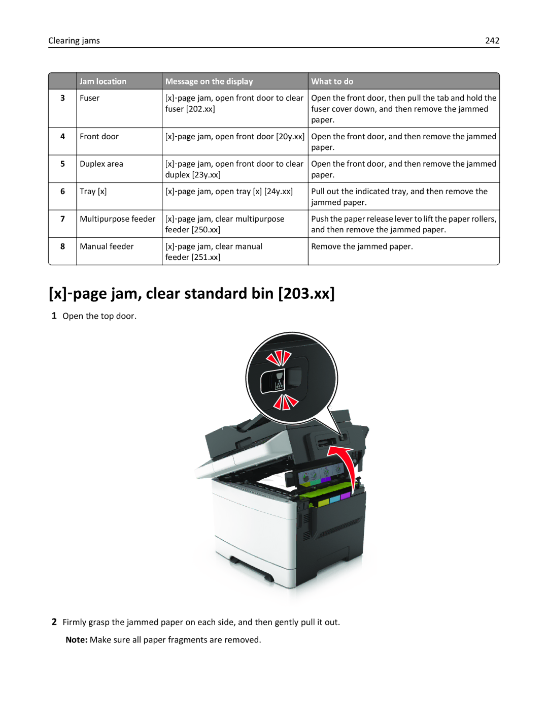 Lexmark 28D0500, 415, 28D0550, CX410, 22ZT157 manual ‑page jam, clear standard bin, Clearing jams 242 