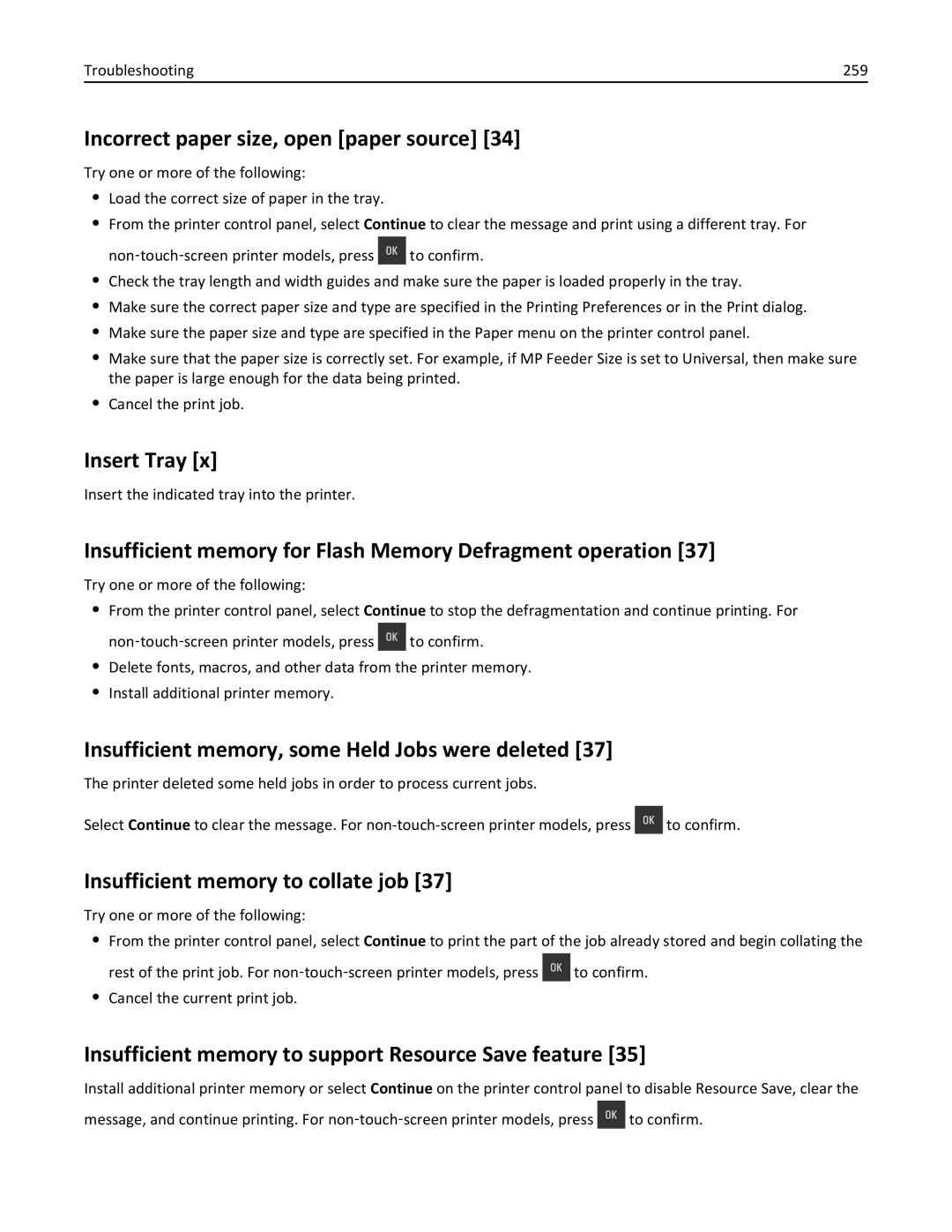 Lexmark 22ZT157 Incorrect paper size, open paper source, Insert Tray, Insufficient memory, some Held Jobs were deleted 