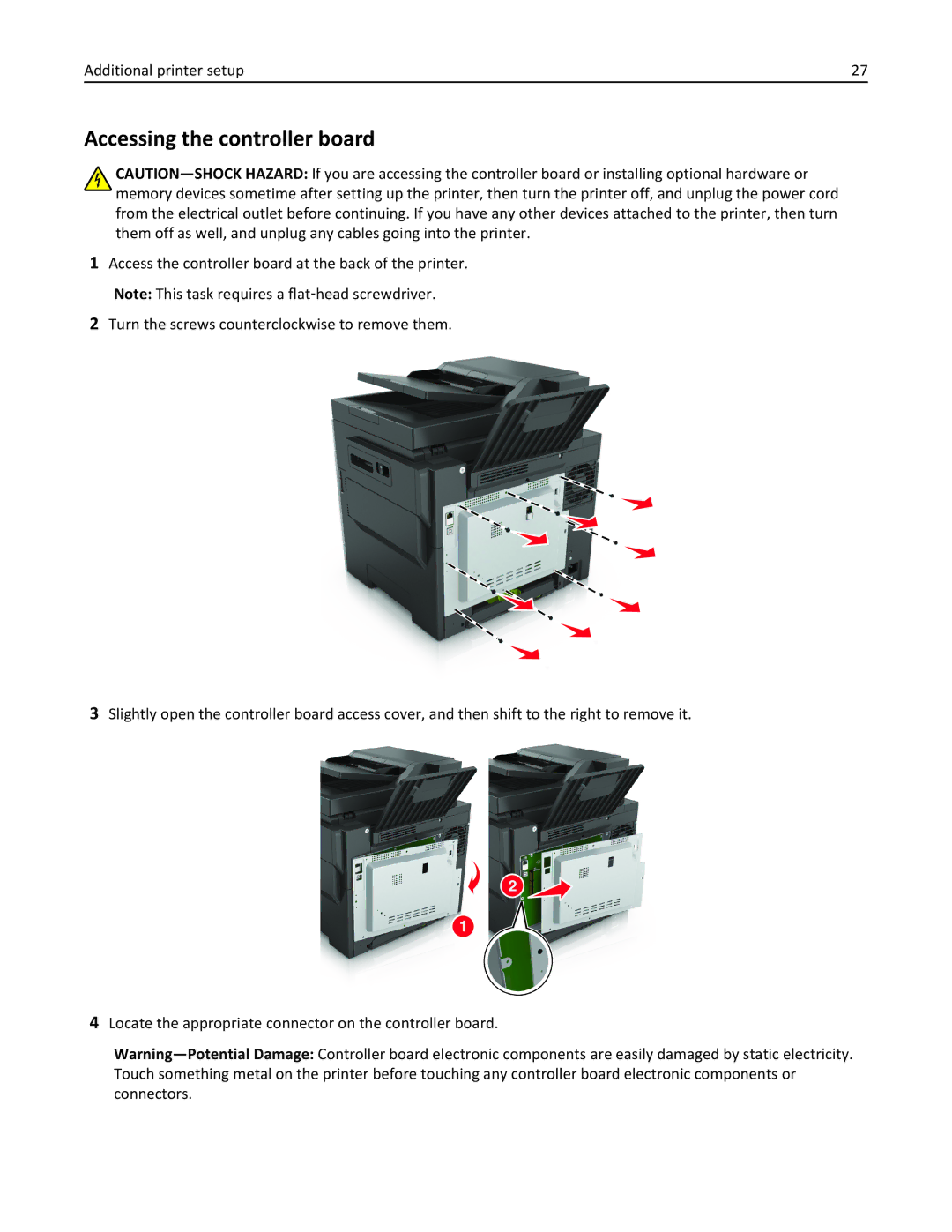 Lexmark 28D0500, 415, 28D0550, CX410, 22ZT157 manual Accessing the controller board 