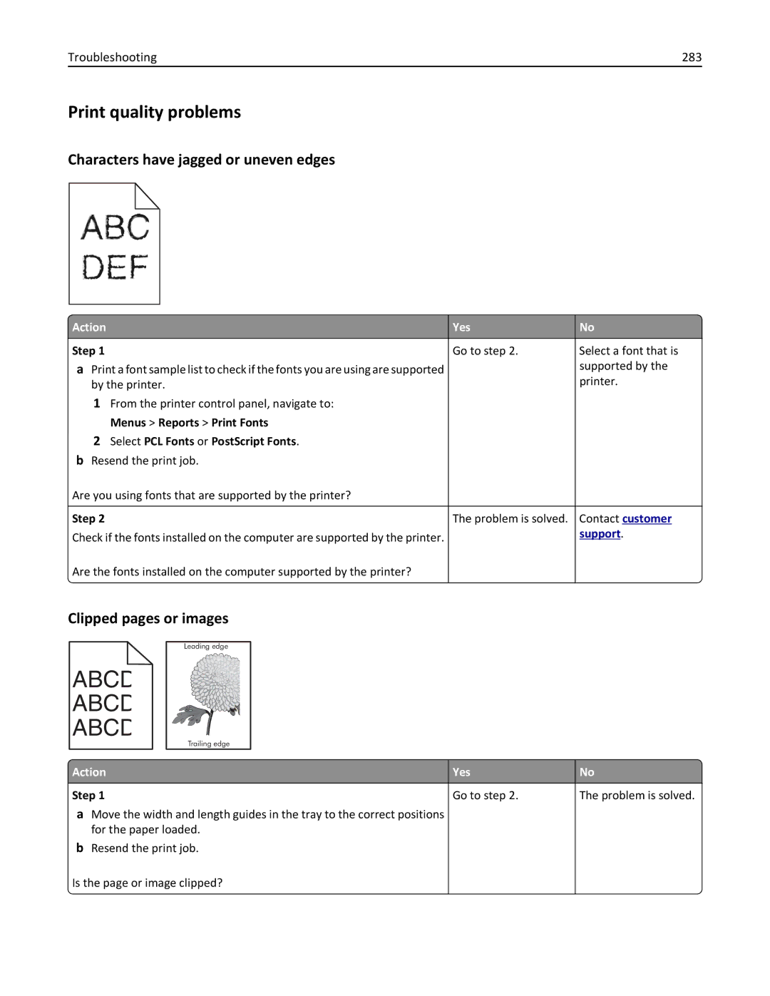 Lexmark CX410 Print quality problems, Characters have jagged or uneven edges, Clipped pages or images, Troubleshooting 283 