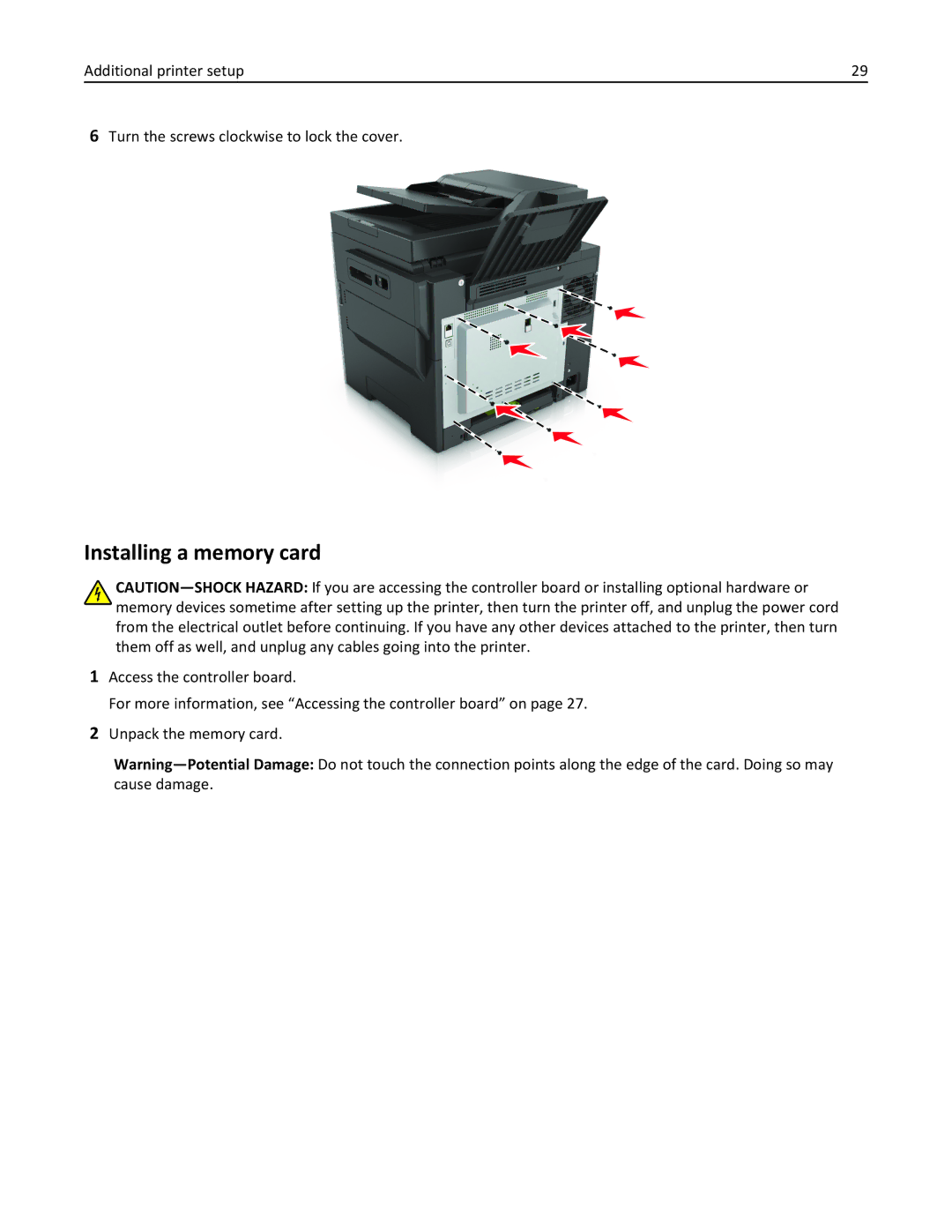 Lexmark 22ZT157, 415, 28D0550, 28D0500, CX410 manual Installing a memory card 