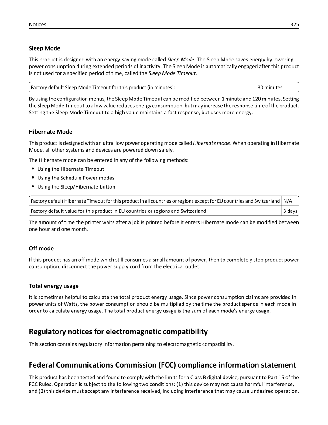 Lexmark 415 Regulatory notices for electromagnetic compatibility, Sleep Mode, Hibernate Mode, Off mode, Total energy usage 