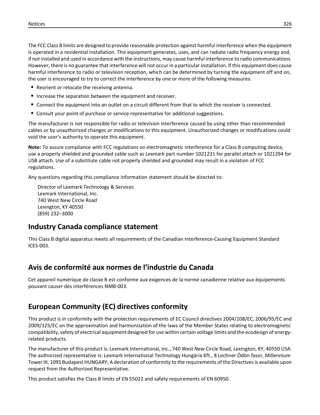 Lexmark 28D0550, 415 Industry Canada compliance statement, Avis de conformité aux normes de l’industrie du Canada, 326 