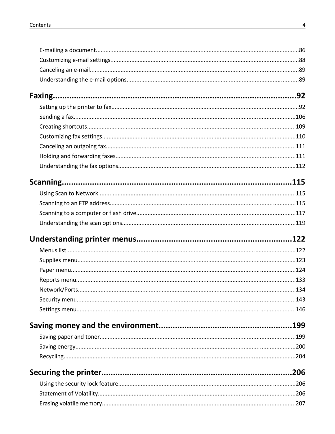 Lexmark 22ZT157, 415, 28D0550 Faxing, Scanning 115, Understanding printer menus 122, Saving money and the environment 199 