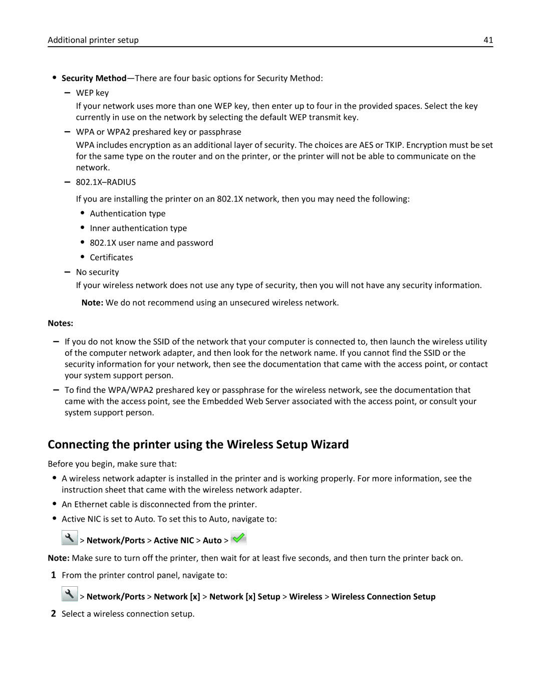 Lexmark 28D0550, 415, 28D0500, CX410 Connecting the printer using the Wireless Setup Wizard, Network/Ports Active NIC Auto 