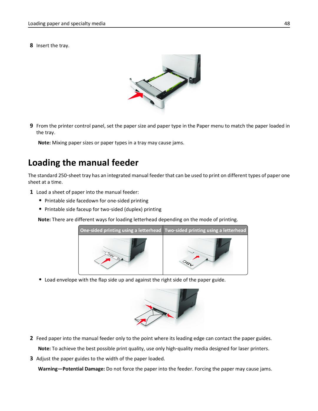 Lexmark CX410, 415, 28D0550, 28D0500, 22ZT157 Loading the manual feeder 