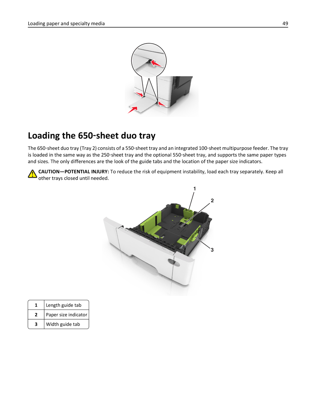 Lexmark 22ZT157, 415, 28D0550, 28D0500, CX410 manual Loading the 650‑sheet duo tray, Length guide tab 