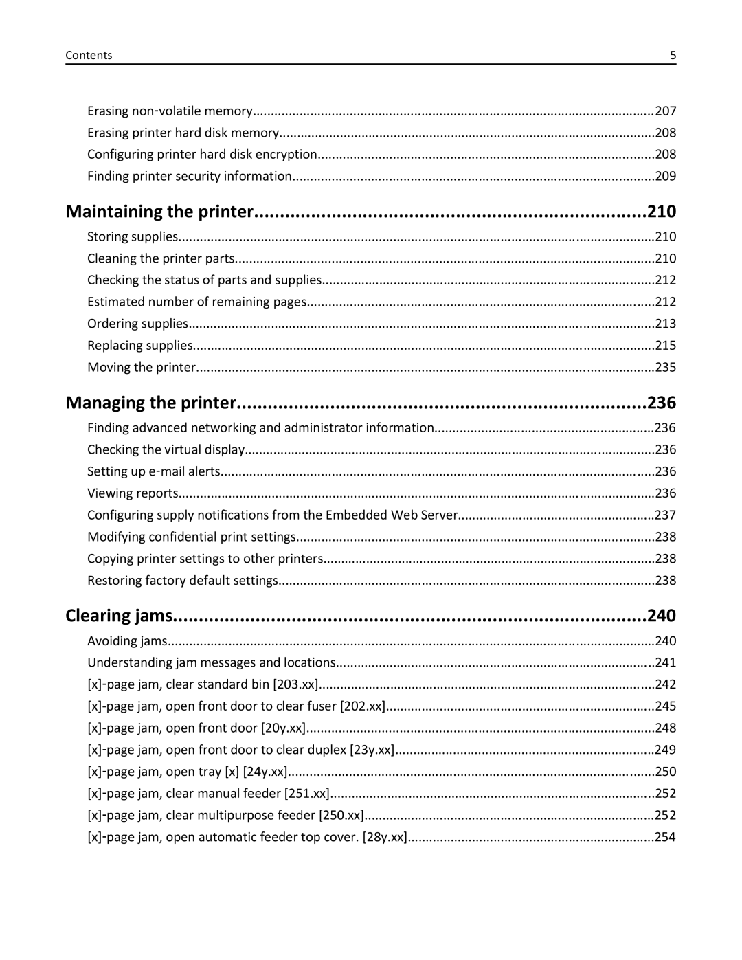 Lexmark 415, 28D0550, 28D0500, CX410, 22ZT157 manual Maintaining the printer 210, Managing the printer 236, Clearing jams 240 