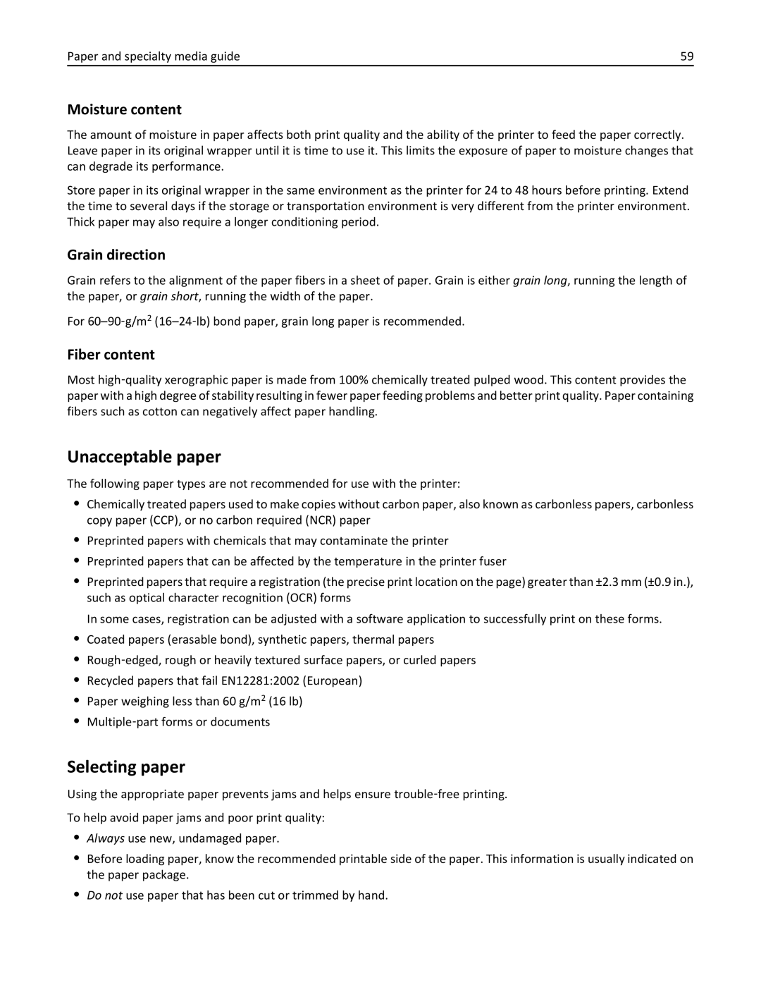 Lexmark 22ZT157, 415, 28D0550, 28D0500 Unacceptable paper, Selecting paper, Moisture content, Grain direction, Fiber content 