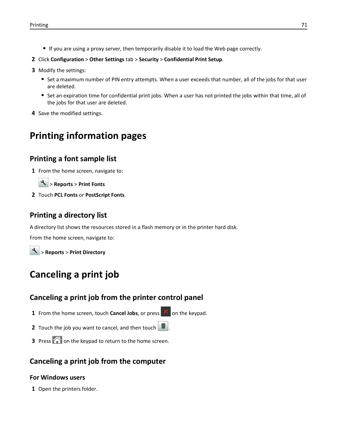 Lexmark 28D0550, 415, 28D0500, CX410, 22ZT157 manual Printing information pages, Canceling a print job 