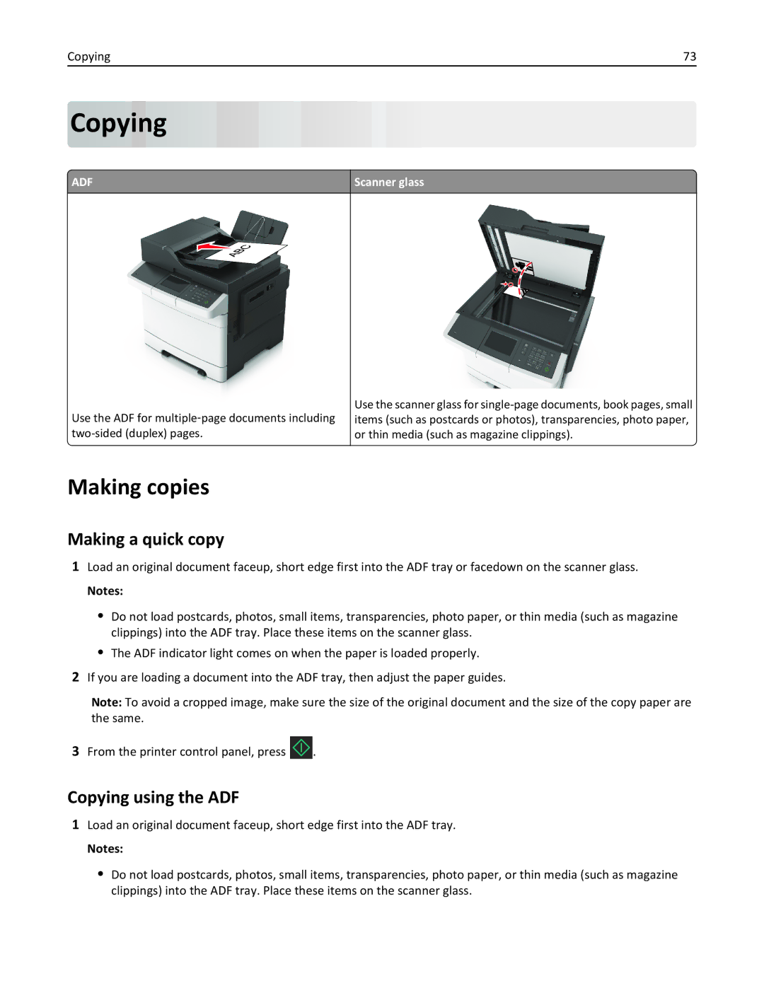 Lexmark CX410, 415, 28D0550, 28D0500, 22ZT157 manual Making copies, Making a quick copy, Copying using the ADF 