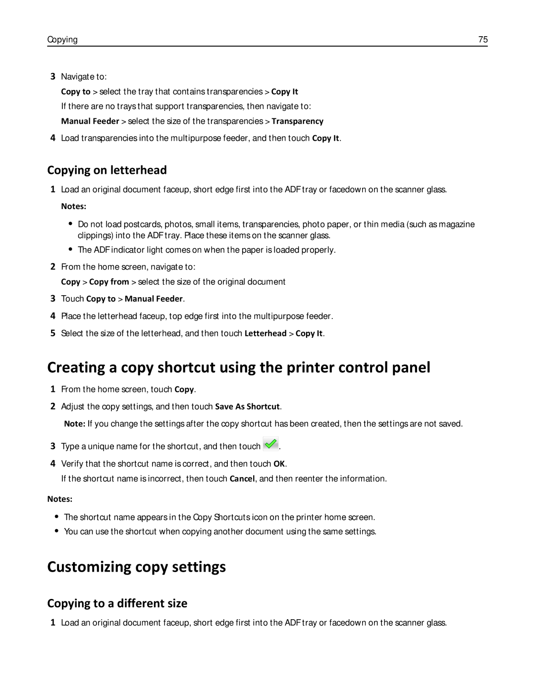 Lexmark 415 Creating a copy shortcut using the printer control panel, Customizing copy settings, Copying on letterhead 