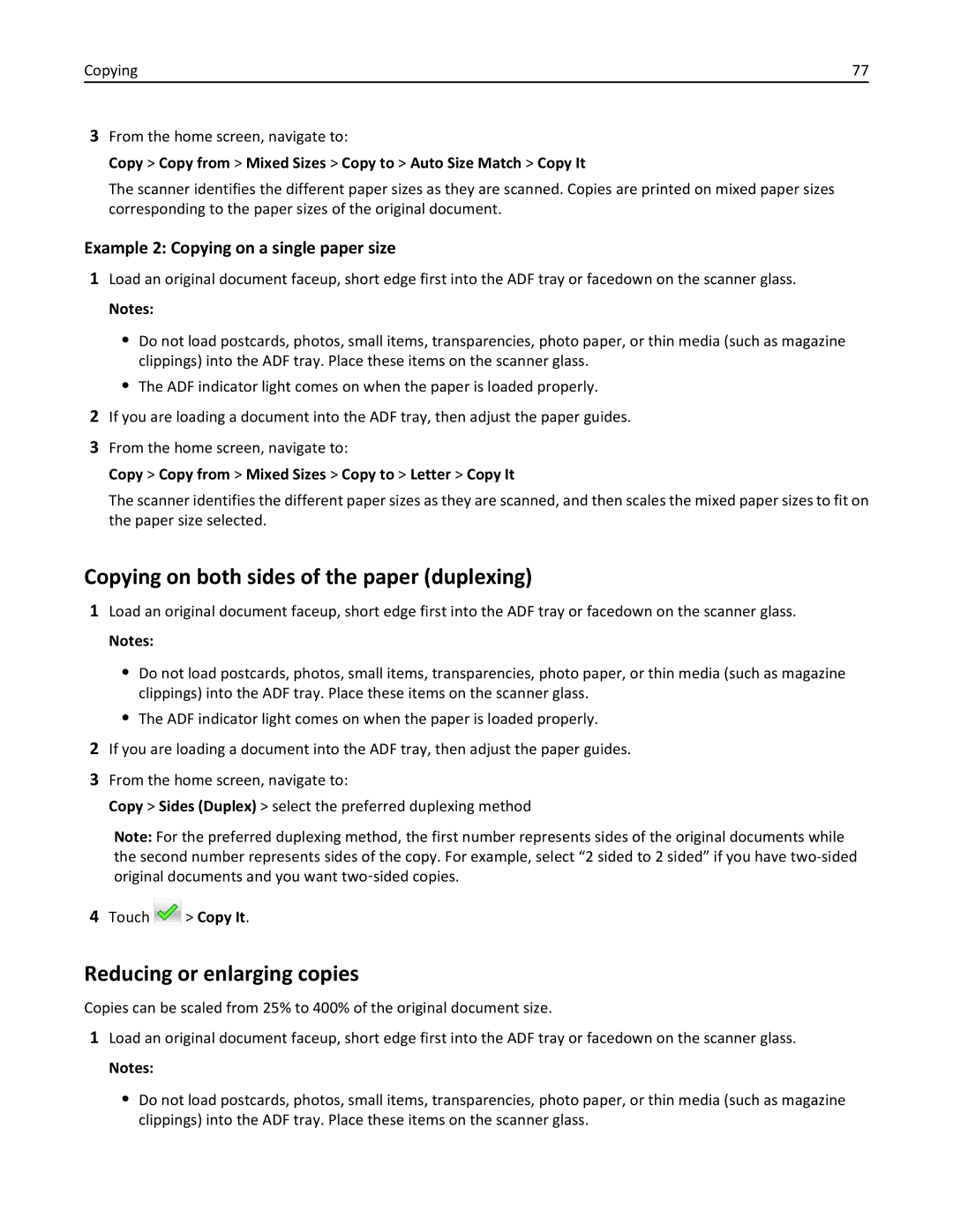 Lexmark 28D0500, 415, 28D0550, CX410, 22ZT157 manual Copying on both sides of the paper duplexing, Reducing or enlarging copies 