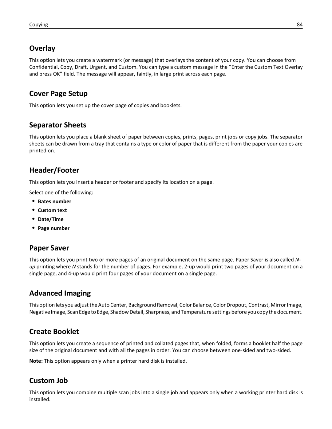 Lexmark 22ZT157 Overlay, Cover Page Setup, Separator Sheets, Header/Footer, Paper Saver, Advanced Imaging, Create Booklet 