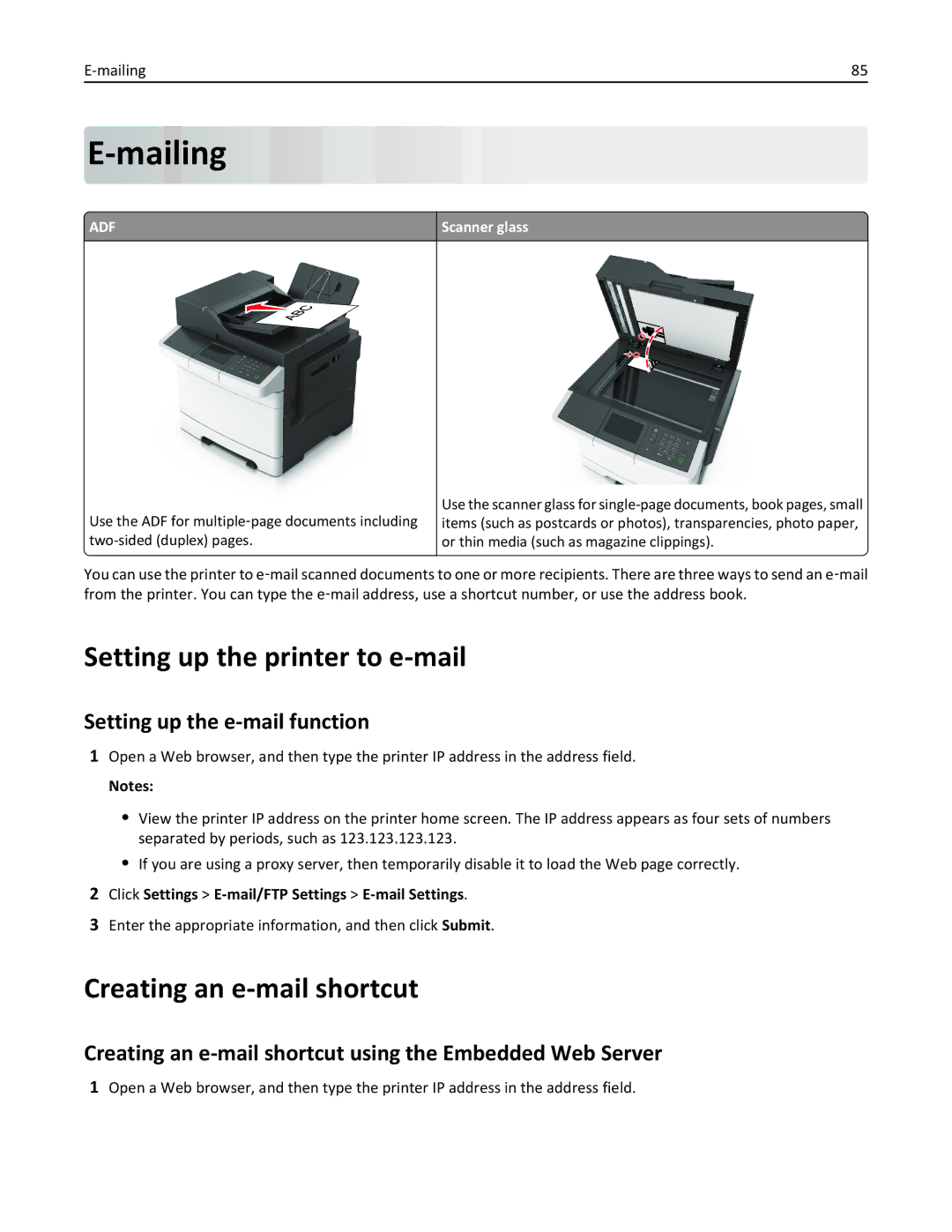 Lexmark 415, CX410 Mailing, Setting up the printer to e-mail, Creating an e-mail shortcut, Setting up the e-mail function 