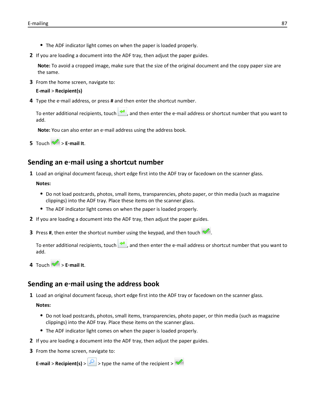 Lexmark 28D0500, 415, 28D0550, CX410 Sending an e‑mail using a shortcut number, Sending an e‑mail using the address book 