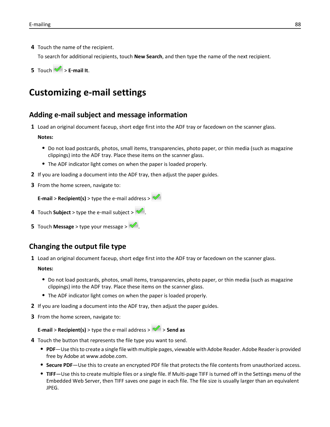 Lexmark CX410 Customizing e-mail settings, Adding e-mail subject and message information, Changing the output file type 