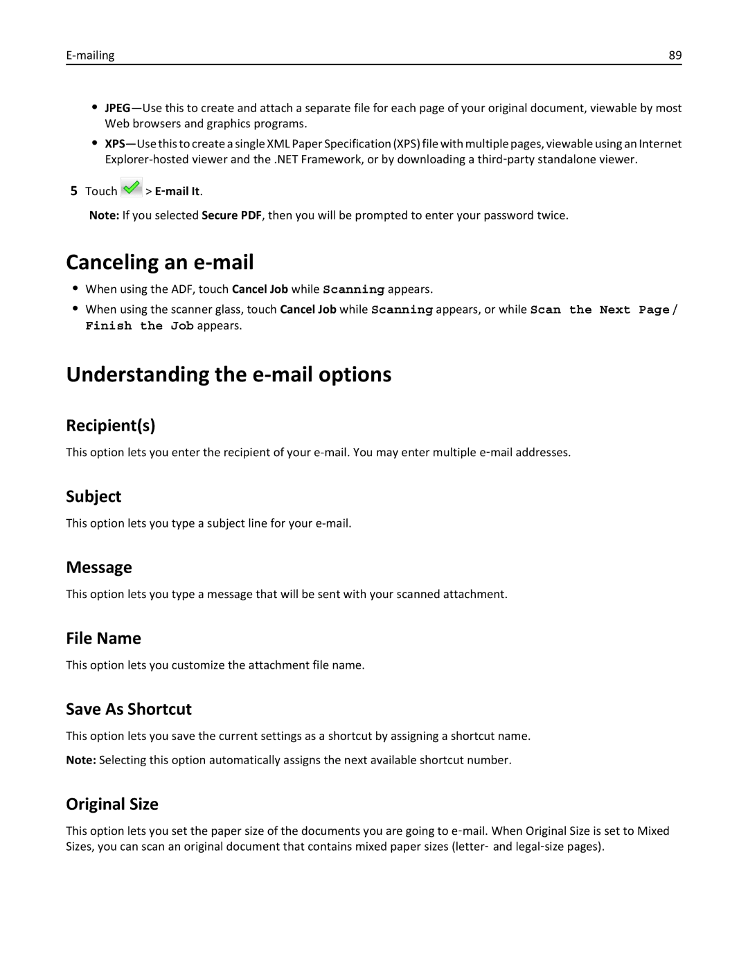 Lexmark 22ZT157, 415, 28D0550, 28D0500, CX410 manual Canceling an e-mail, Understanding the e-mail options 