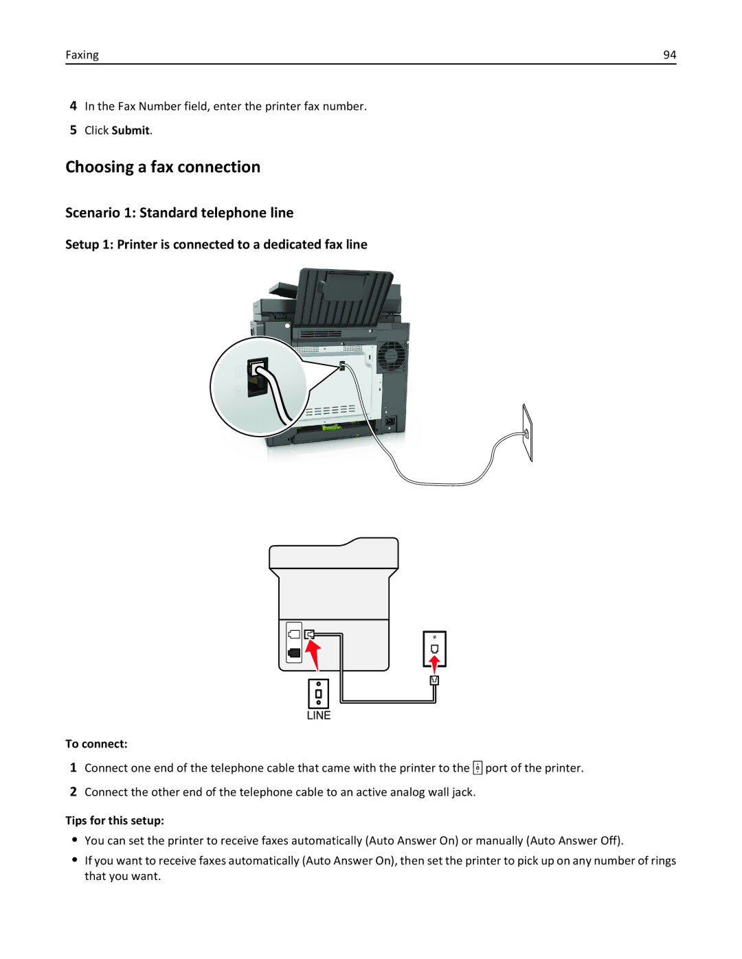 Lexmark 22ZT157, 415, CX410 Choosing a fax connection, Scenario 1 Standard telephone line, To connect, Tips for this setup 