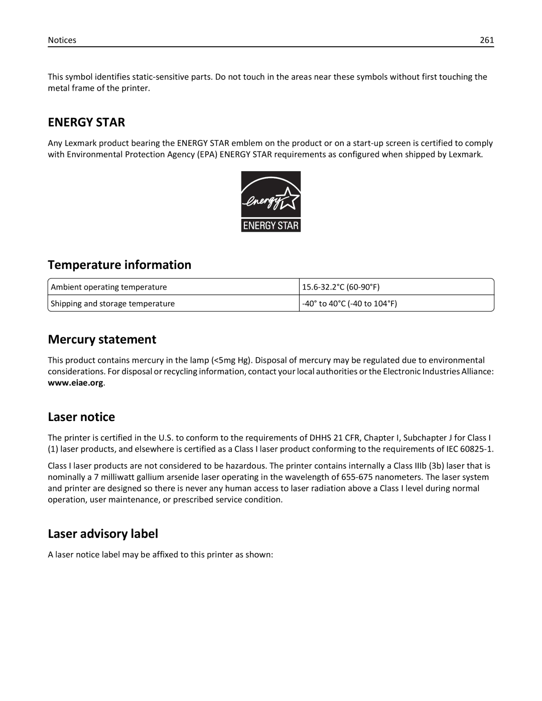 Lexmark 41H0000, 41G0100, 41G0050, C748x Temperature information, Mercury statement Laser notice, Laser advisory label, 261 