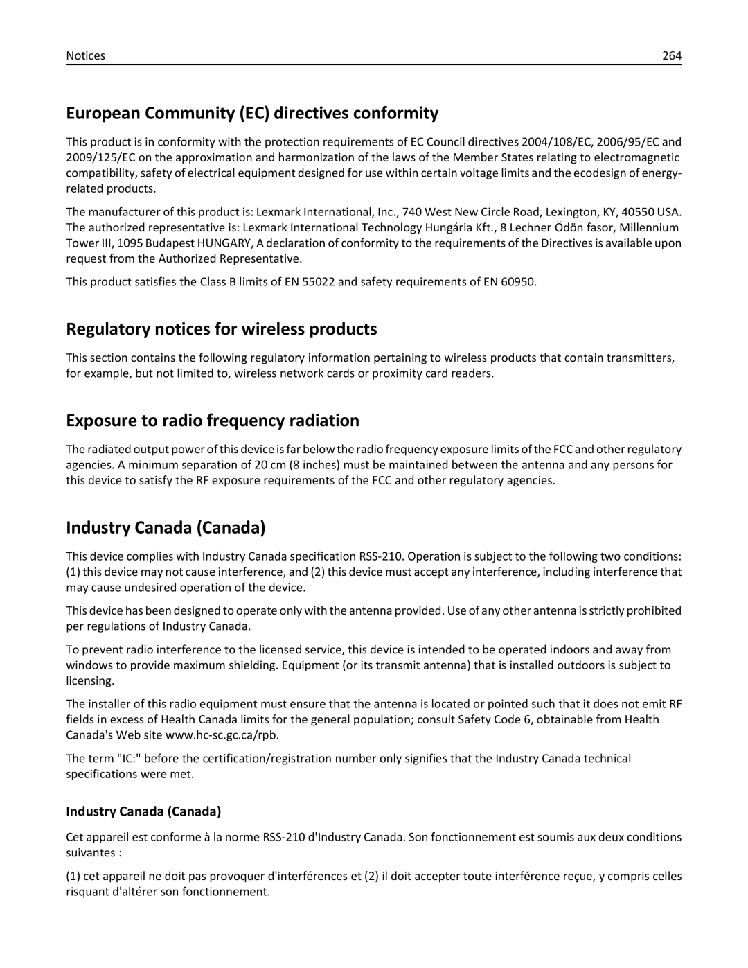 Lexmark C746x, 41G0100, 41H0000, C748x European Community EC directives conformity, Regulatory notices for wireless products 