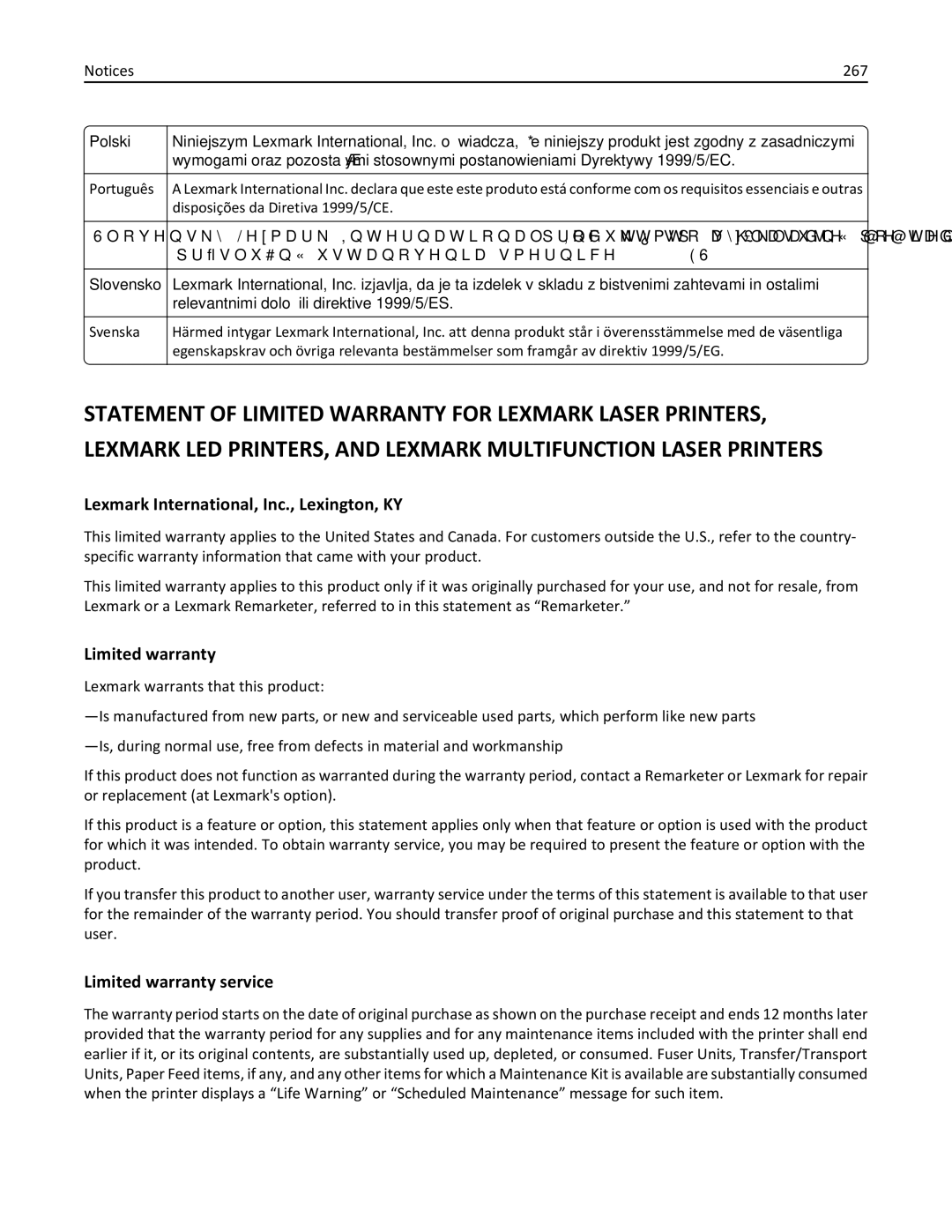 Lexmark 41G0050, 41G0100, 41H0000, C748x, C746x Lexmark International, Inc., Lexington, KY, Limited warranty service, 267 