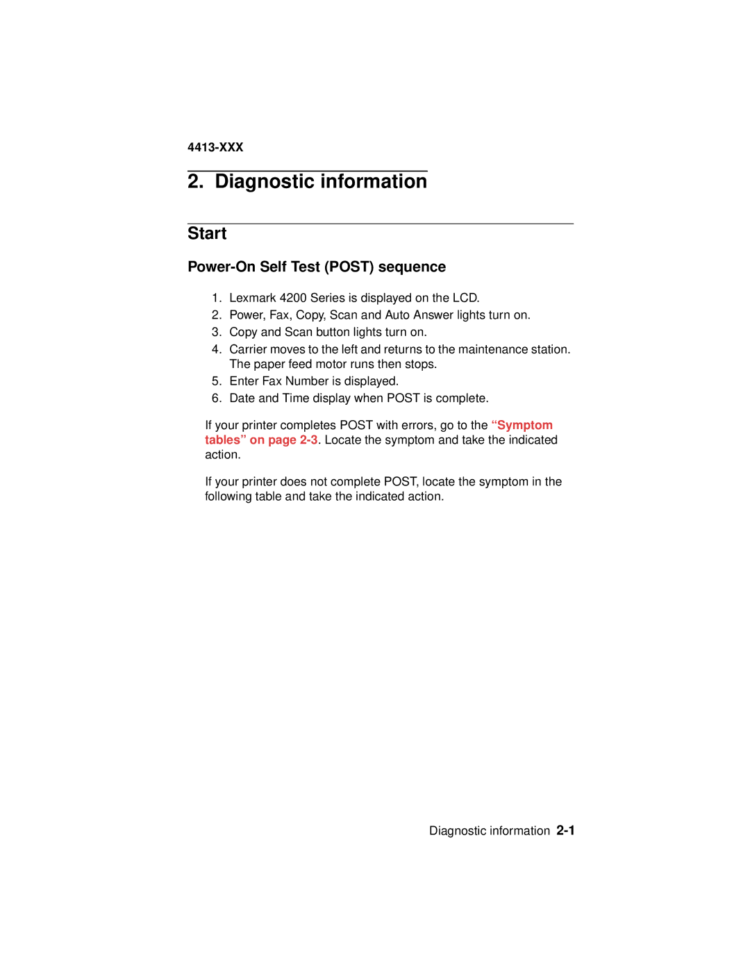 Lexmark 4200 Series manual Diagnostic information, Start, Power-On Self Test Post sequence 