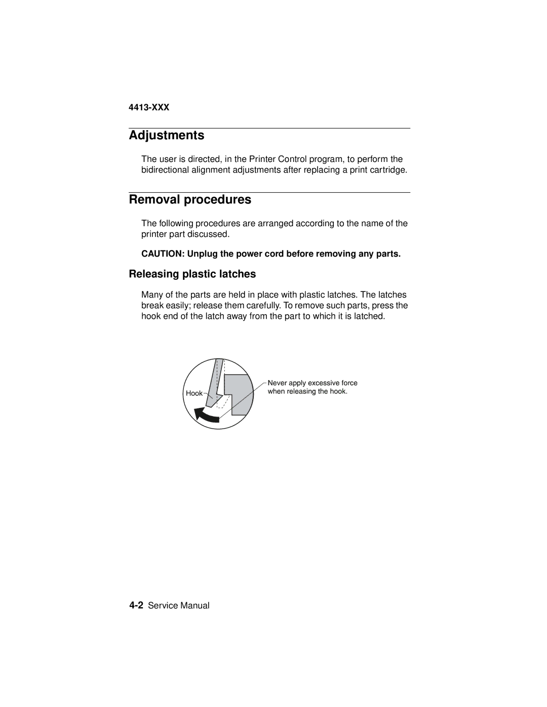 Lexmark 4200 Series manual Adjustments, Removal procedures, Releasing plastic latches 