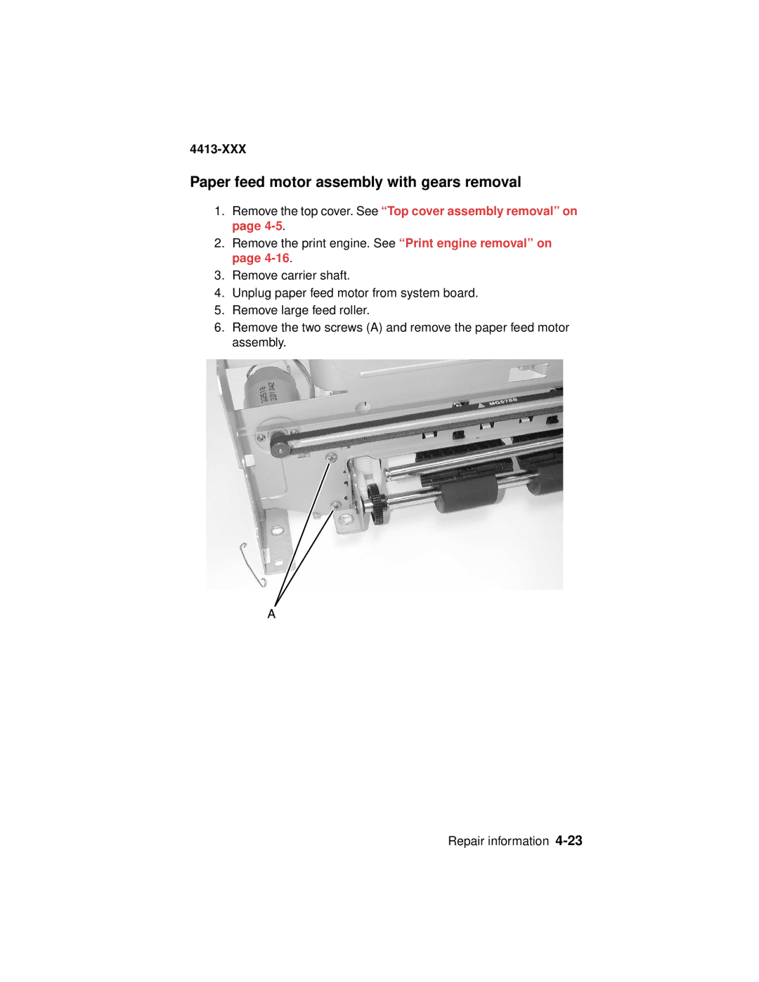 Lexmark 4200 Series manual Paper feed motor assembly with gears removal 