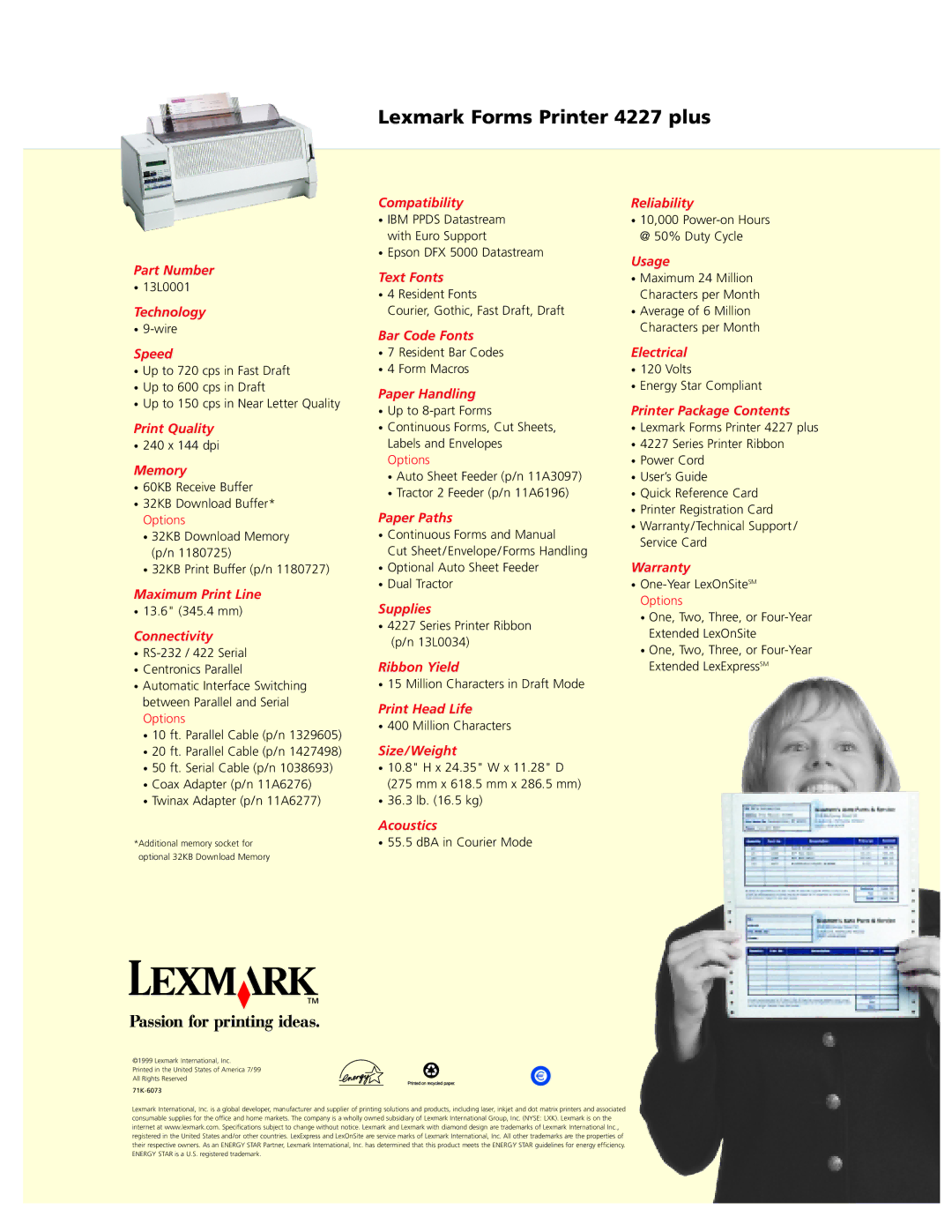 Lexmark 4227 PLUS Part Number, Technology, Speed, Print Quality, Memory, Maximum Print Line, Connectivity, Usage, Warranty 