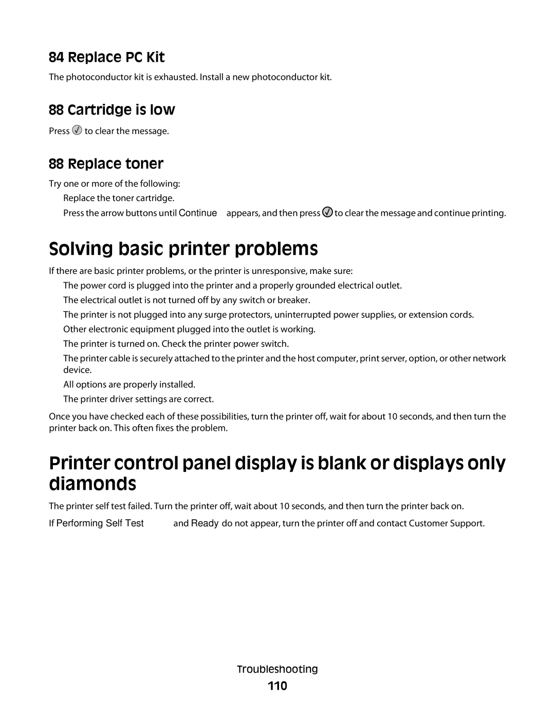 Lexmark 430, 420 manual Solving basic printer problems, Replace PC Kit, Cartridge is low, Replace toner, 110 