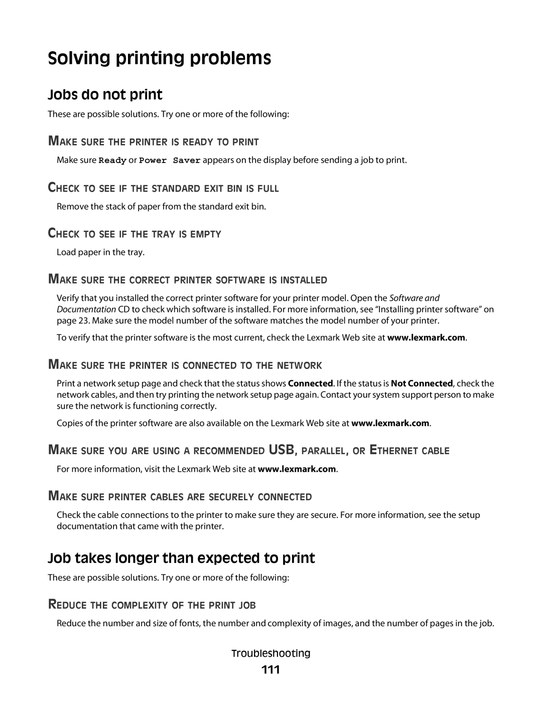 Lexmark 420, 430 manual Solving printing problems, Jobs do not print, Job takes longer than expected to print, 111 