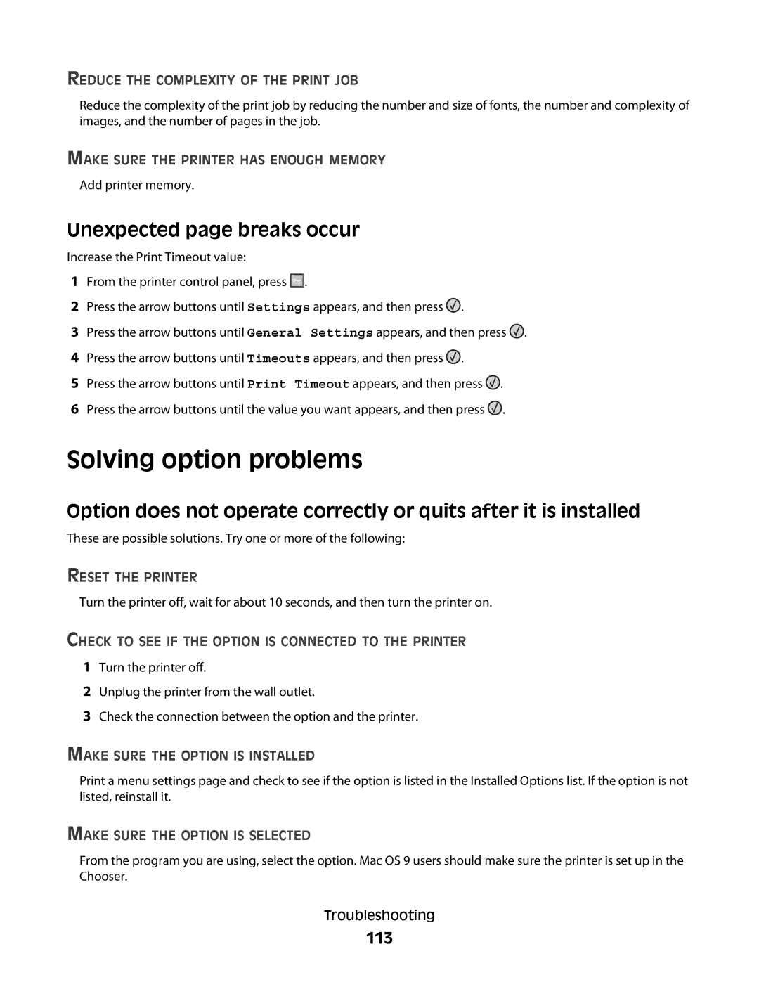 Lexmark 420, 430 manual Solving option problems, Unexpected page breaks occur, 113 