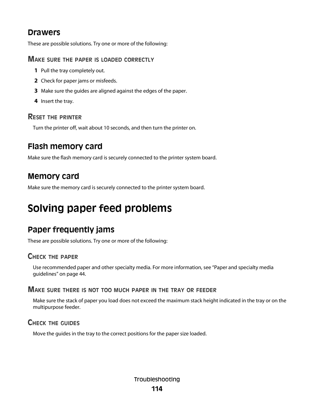 Lexmark 430, 420 manual Solving paper feed problems, Drawers, Flash memory card, Memory card, Paper frequently jams 