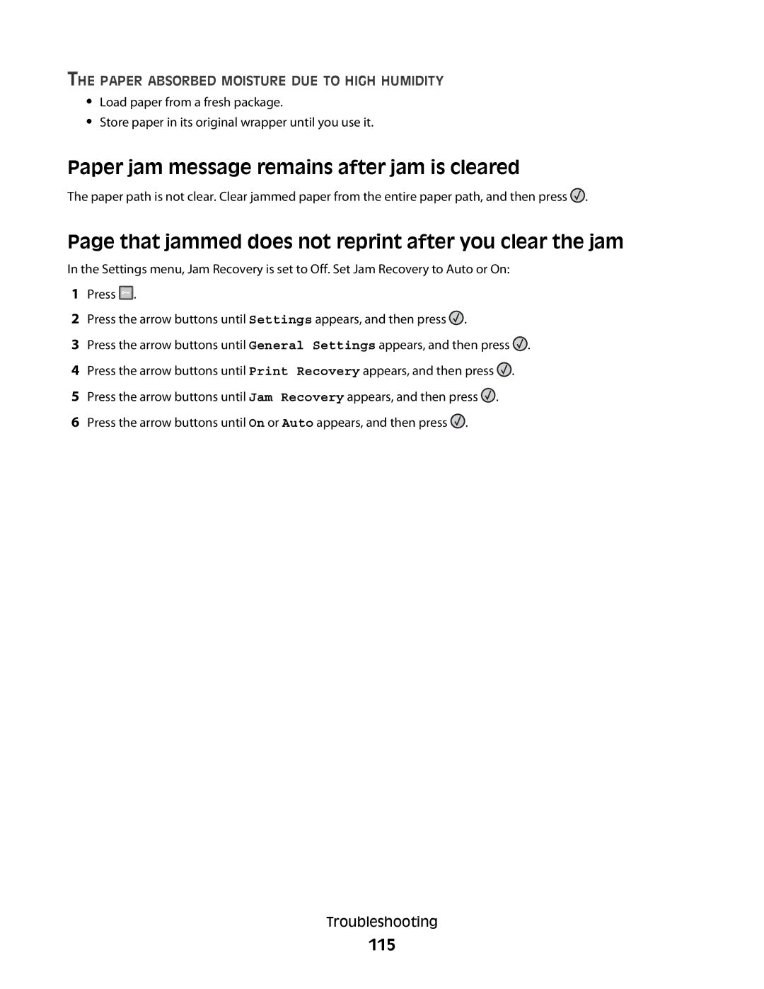 Lexmark 420, 430 Paper jam message remains after jam is cleared, That jammed does not reprint after you clear the jam, 115 