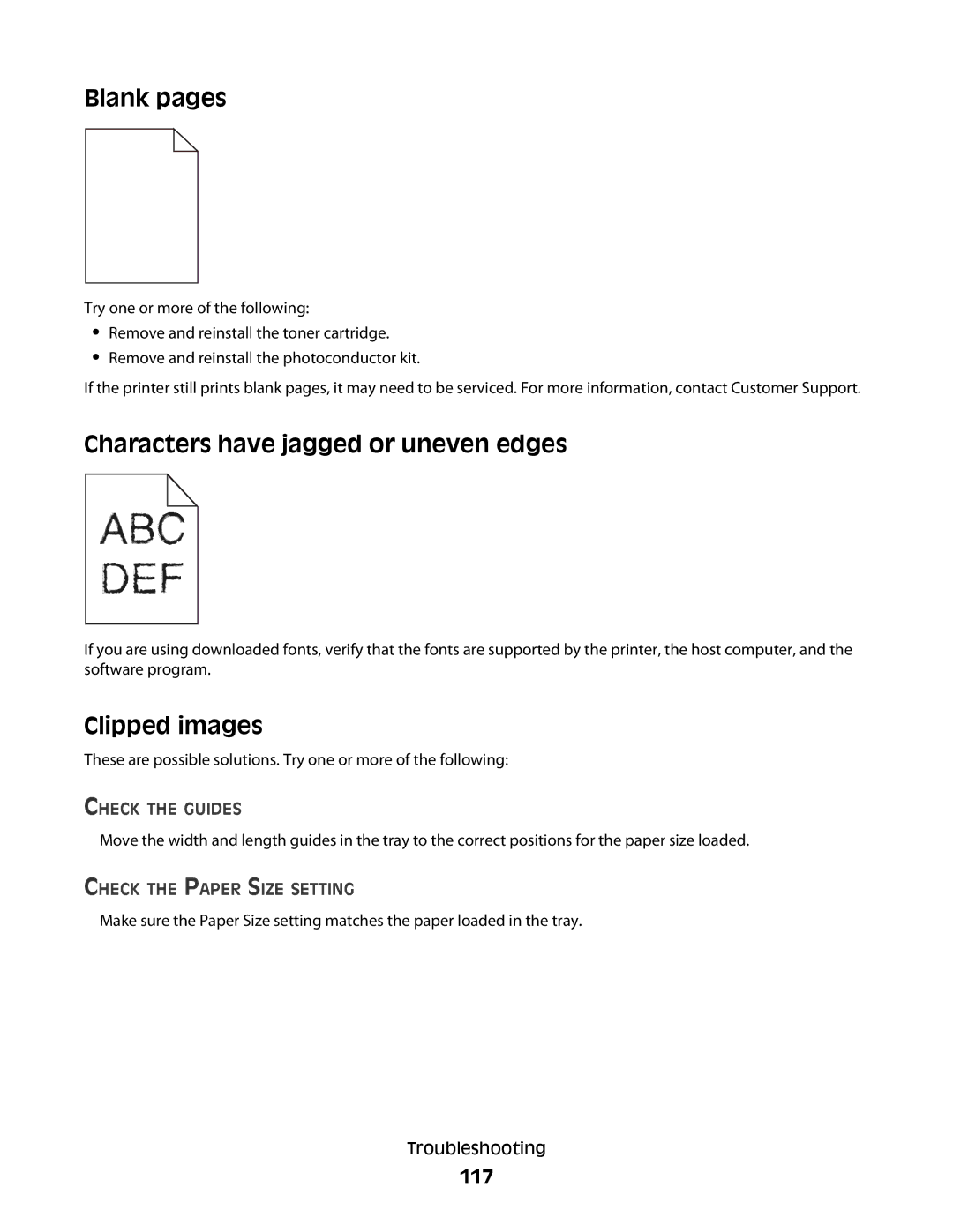 Lexmark 420, 430 manual Blank pages, Characters have jagged or uneven edges, Clipped images, 117 