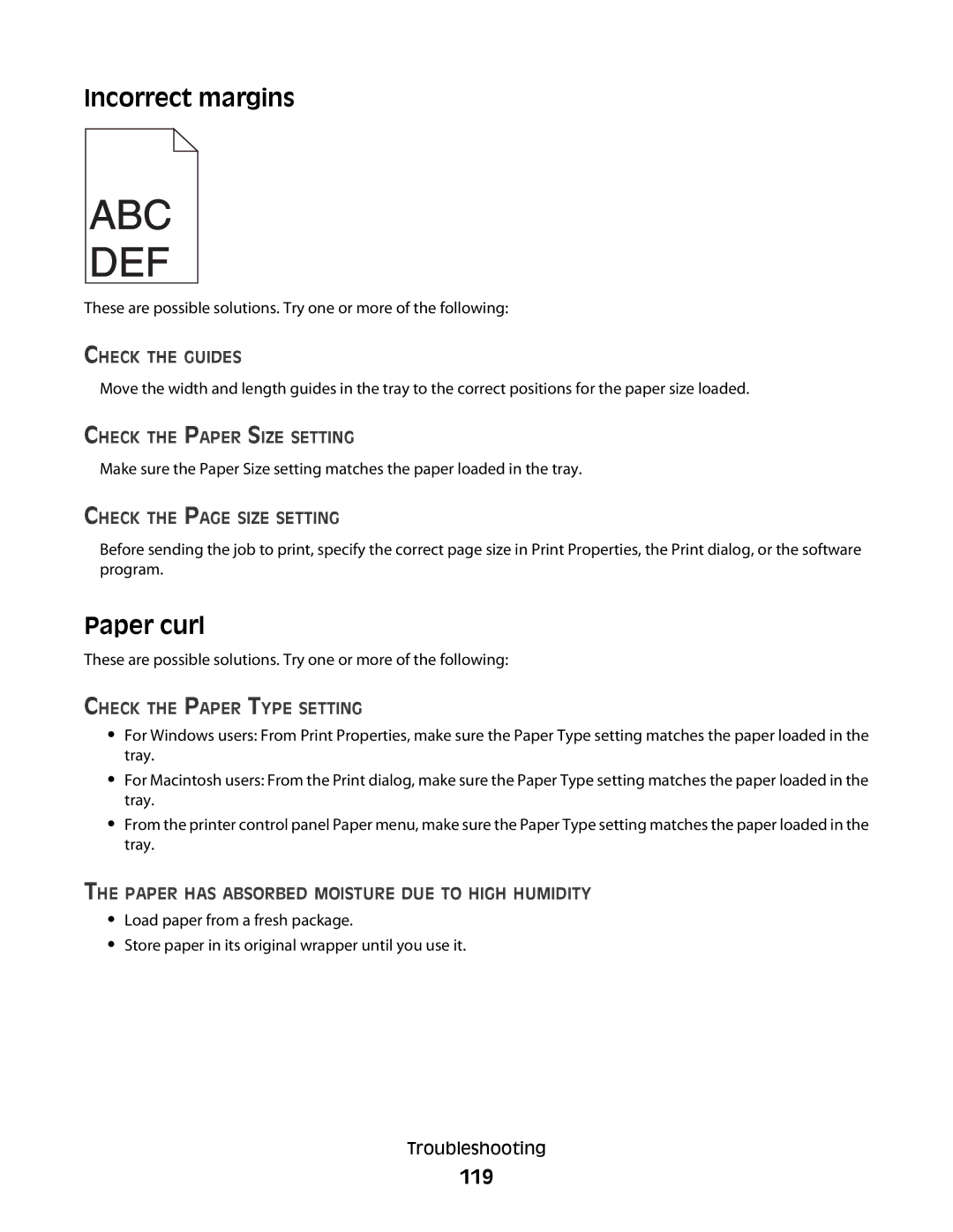 Lexmark 420, 430 manual Incorrect margins, Paper curl, 119 