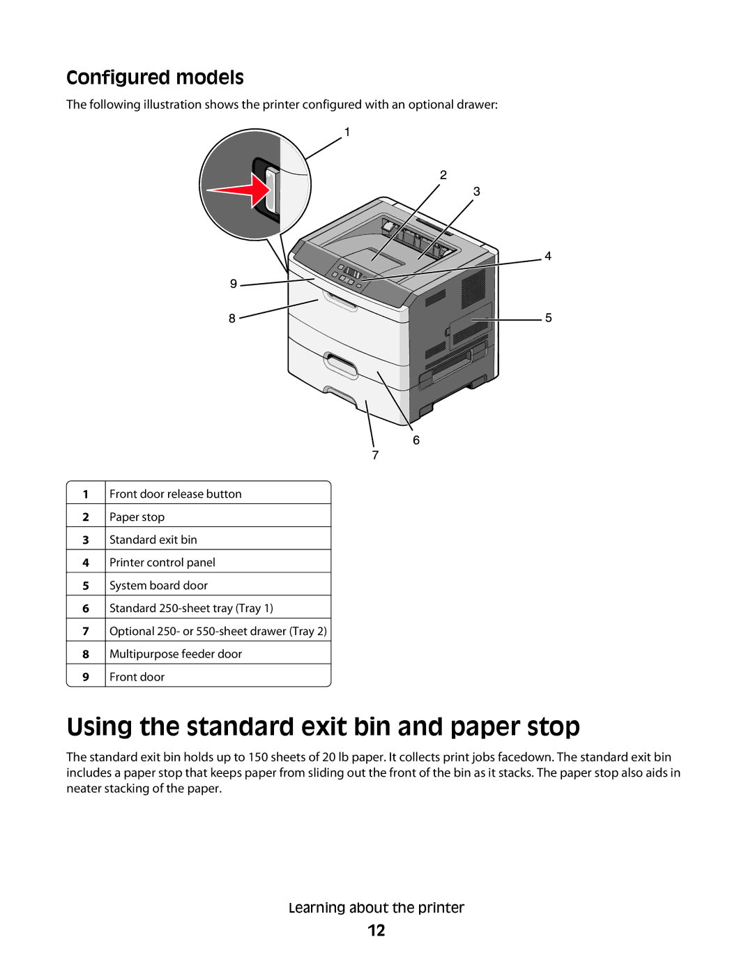 Lexmark 430, 420 manual Using the standard exit bin and paper stop, Configured models 