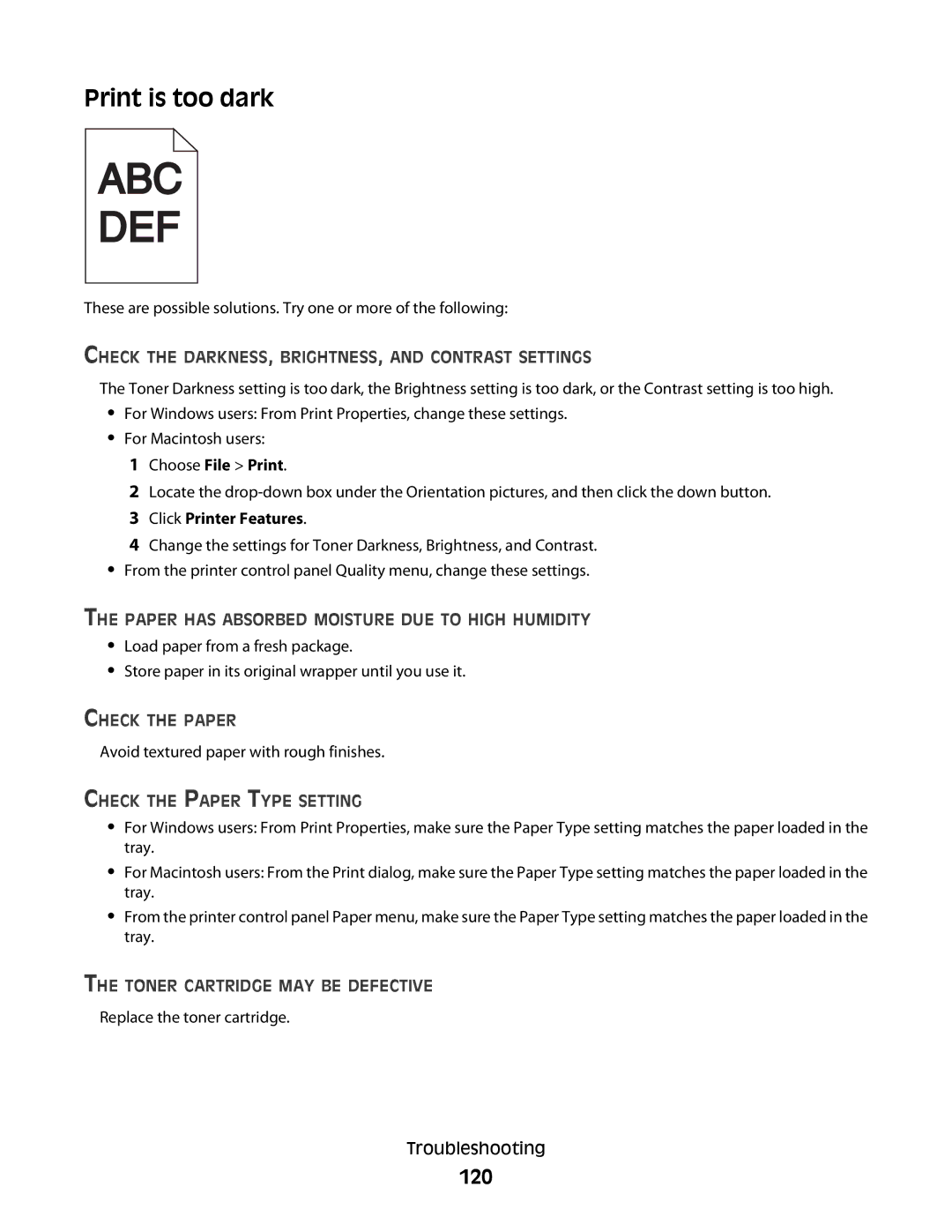 Lexmark 430, 420 manual Print is too dark, 120 