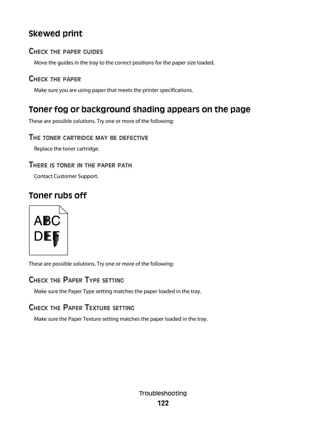 Lexmark 430, 420 manual Skewed print, Toner fog or background shading appears on, Toner rubs off, 122 