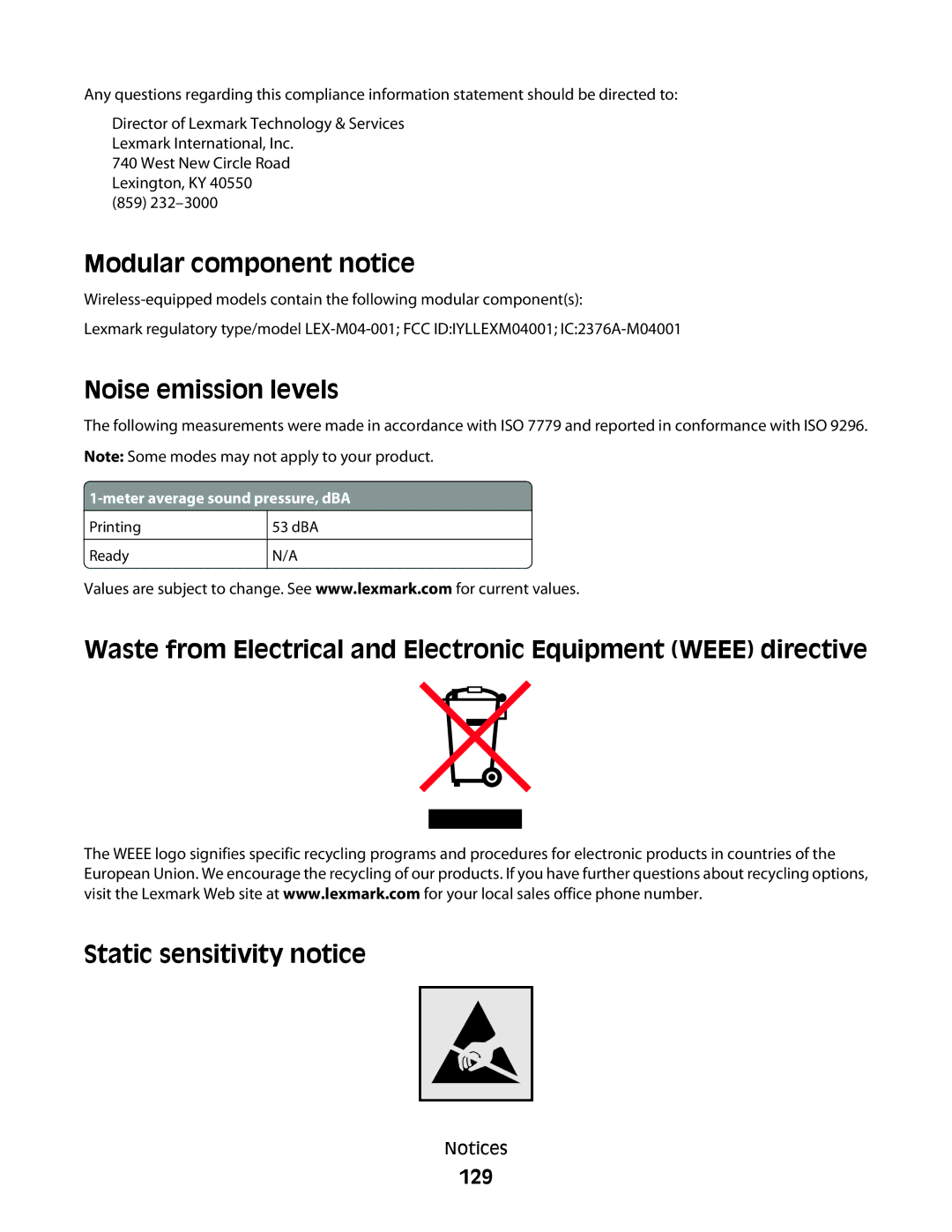 Lexmark 420, 430 manual Modular component notice, Noise emission levels, 129 