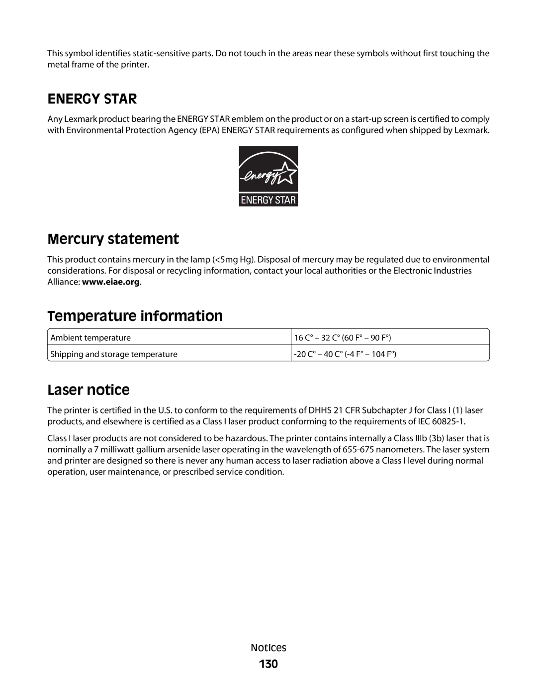 Lexmark 430, 420 manual Mercury statement Temperature information, Laser notice, 130 