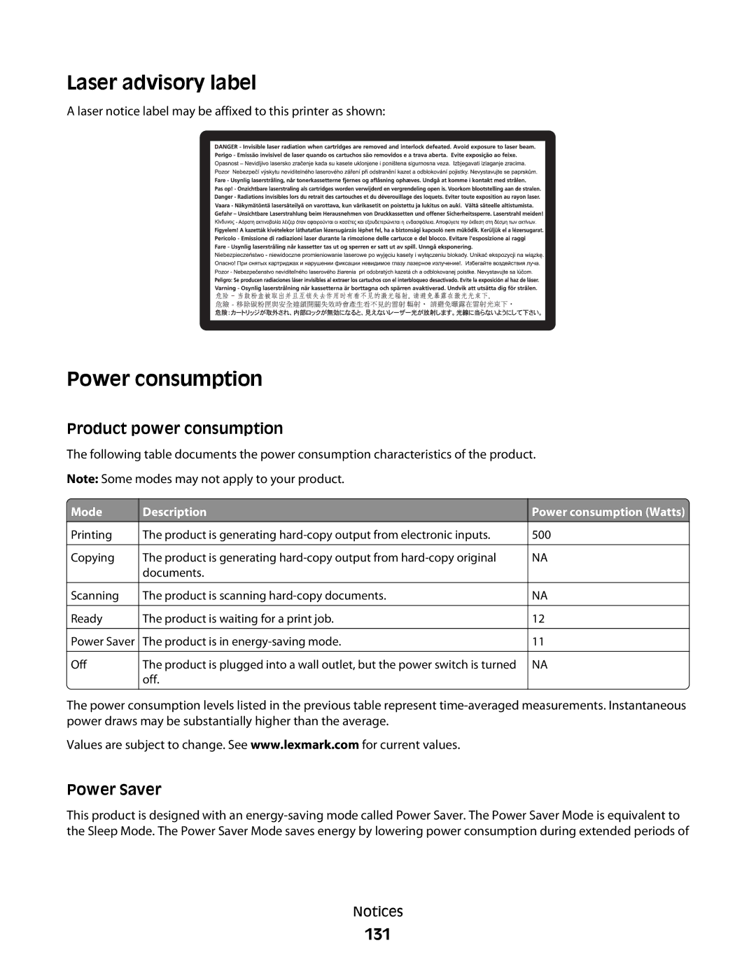 Lexmark 420, 430 manual Laser advisory label, Power consumption, 131 