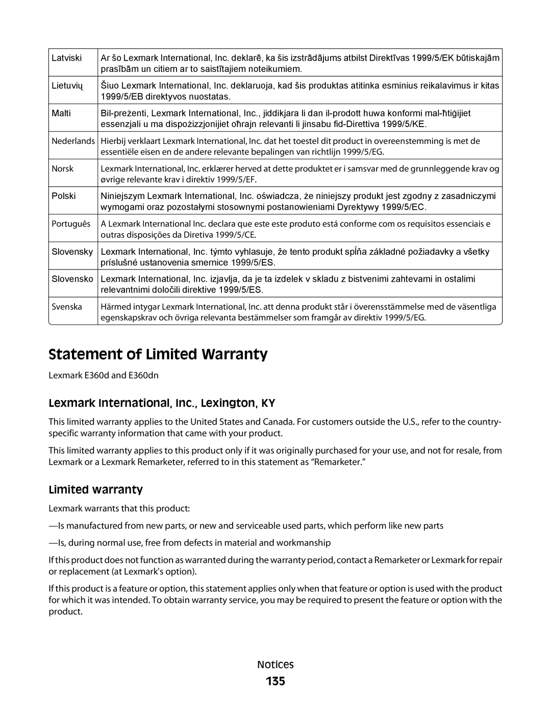 Lexmark 420, 430 manual Statement of Limited Warranty, 135 