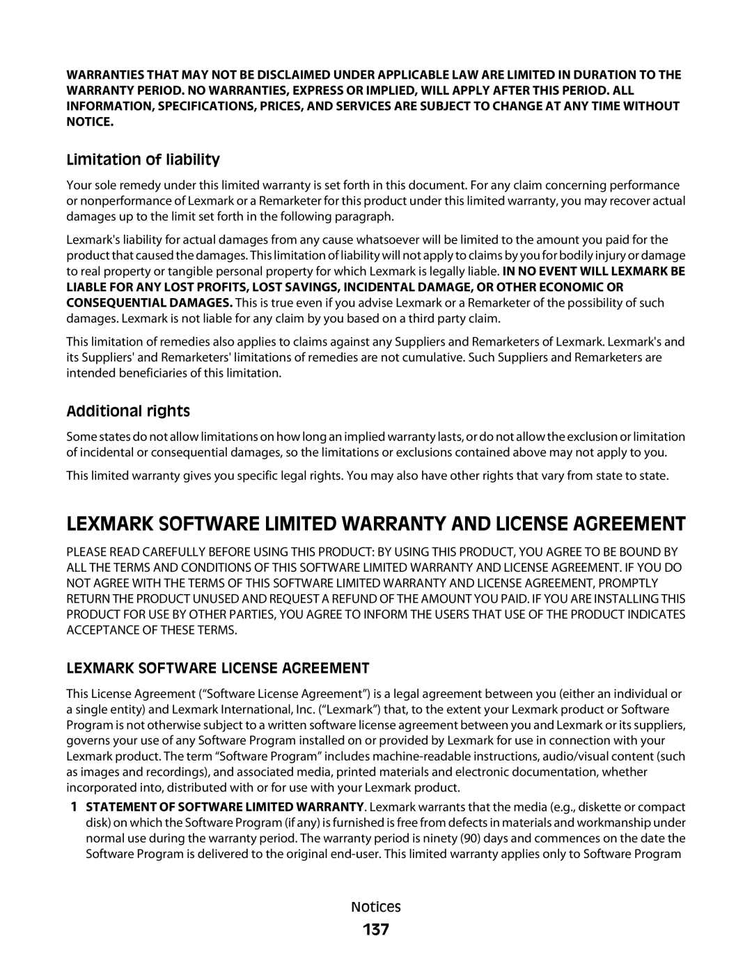 Lexmark 420, 430 manual 137, Limitation of liability 