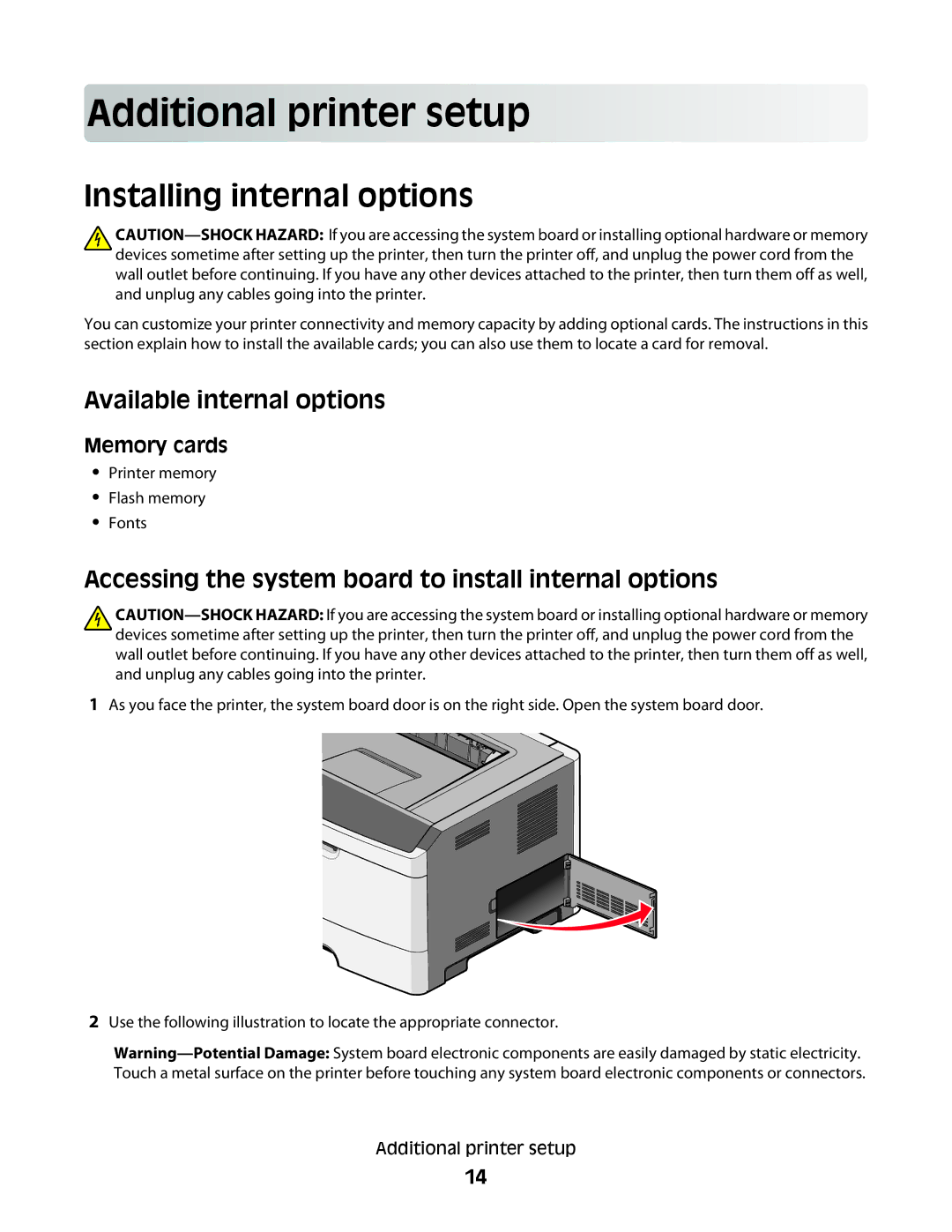 Lexmark 430, 420 manual Add itional p rinter se t up, Installing internal options, Available internal options, Memory cards 