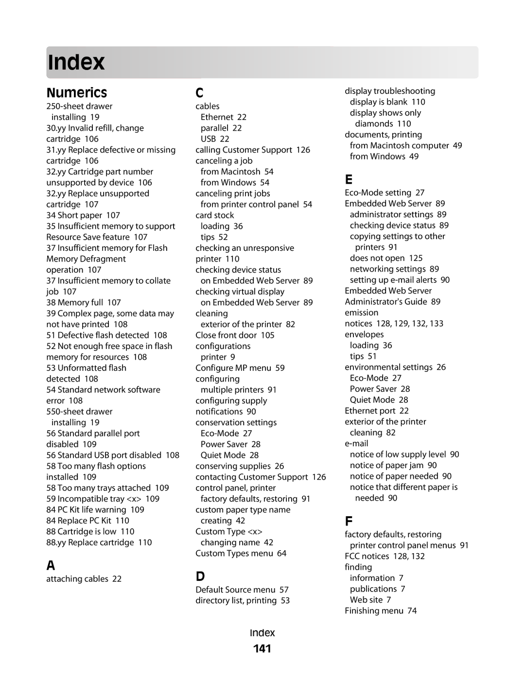 Lexmark 420, 430 manual Index, Numerics, 141 
