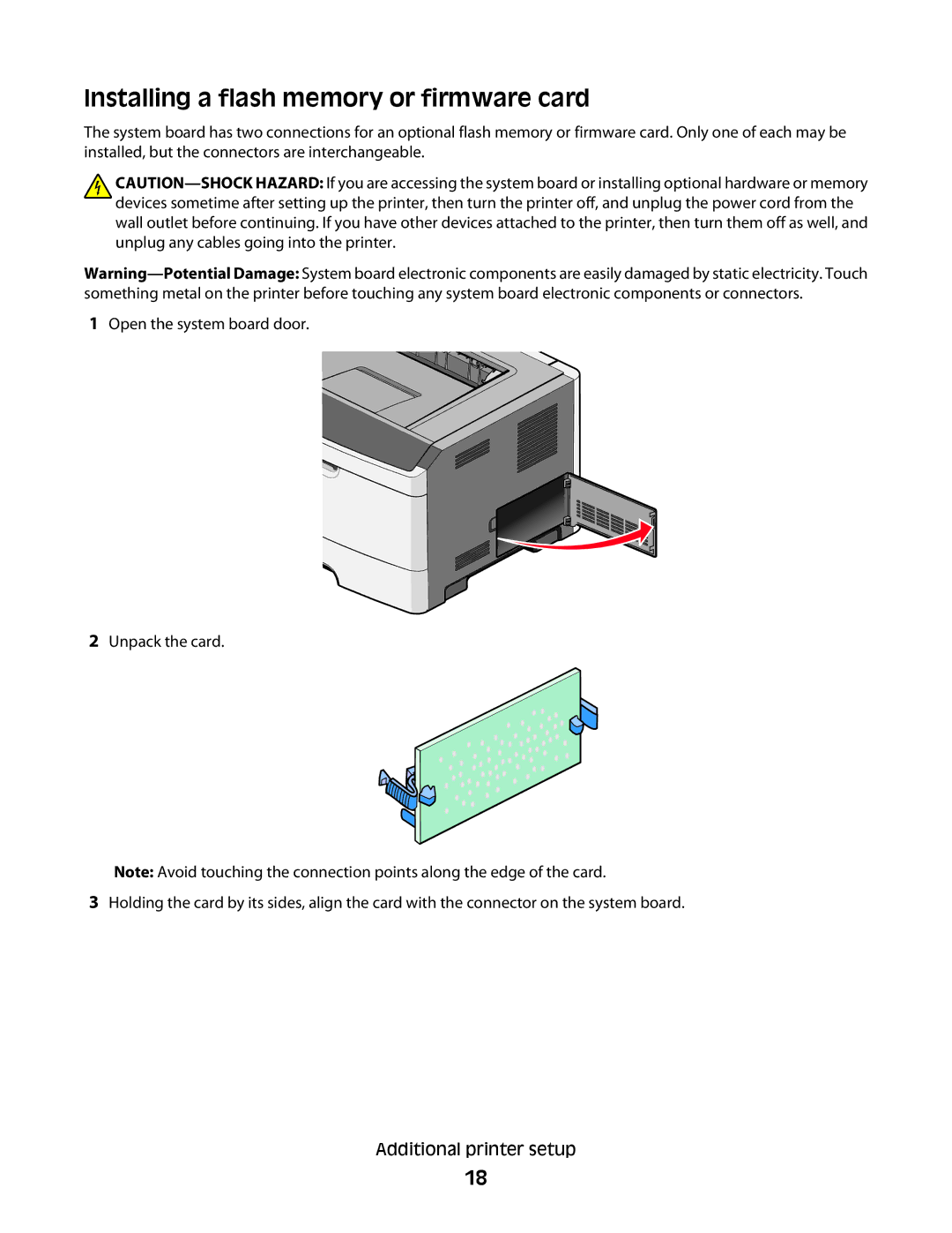 Lexmark 430, 420 manual Installing a flash memory or firmware card 