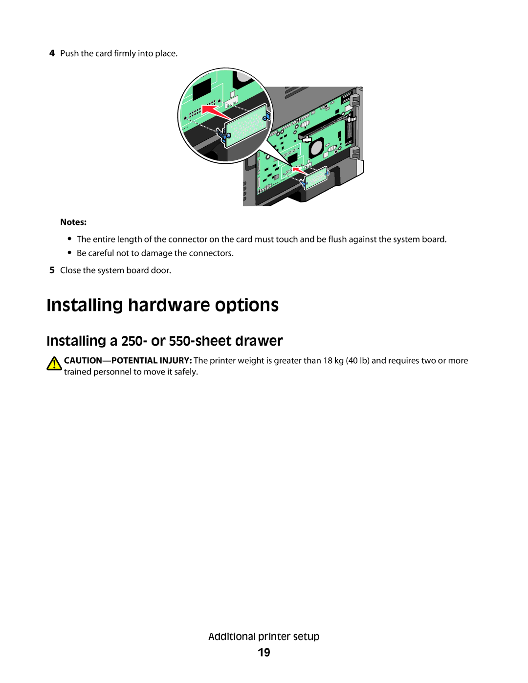 Lexmark 420, 430 manual Installing hardware options, Installing a 250- or 550-sheet drawer 